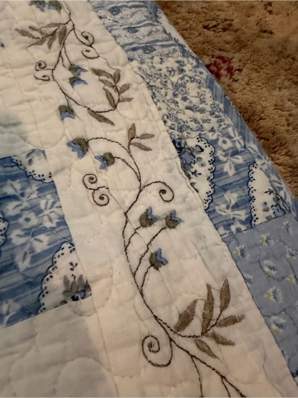 Trio 3 Blue and White Patchwork Quilted pillow Shams- Floral & Gingham